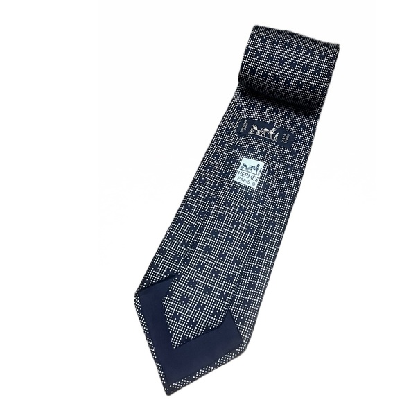 SOLD HERMÈS Authentic 100% Silk Blue H Logo Print Three Folded Hand Sewn Tie - Picture 2 of 14